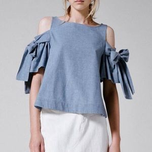 SEA NEW YORK Cutout Bow Chambray Denim Top in Blue
